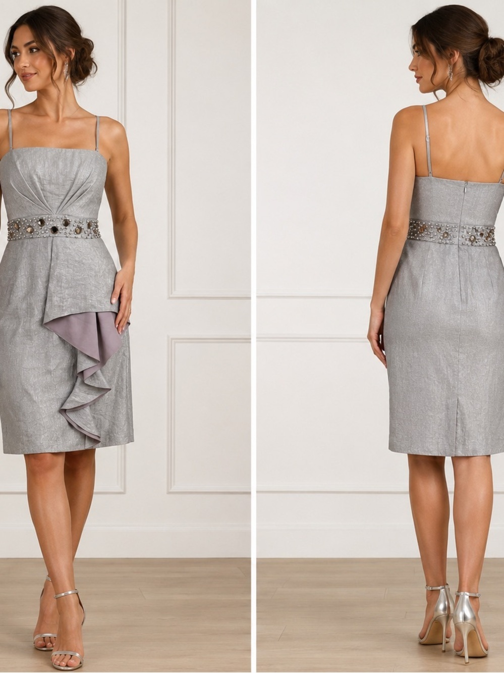 Adrianna Papell Silver Midi Dress with Lilac Ruffle & Jeweled Waistband - Picture 2 of 13